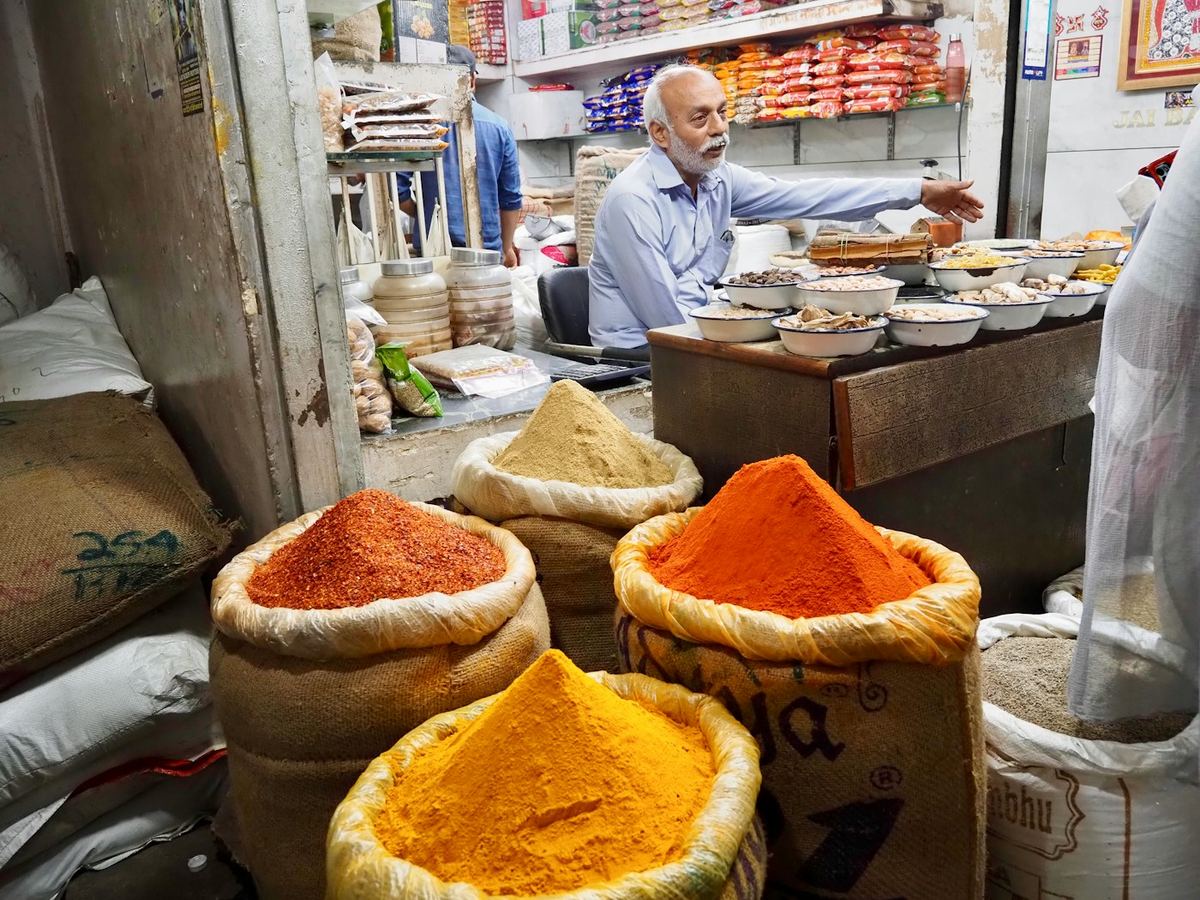 Sacks of spices at an Indian market